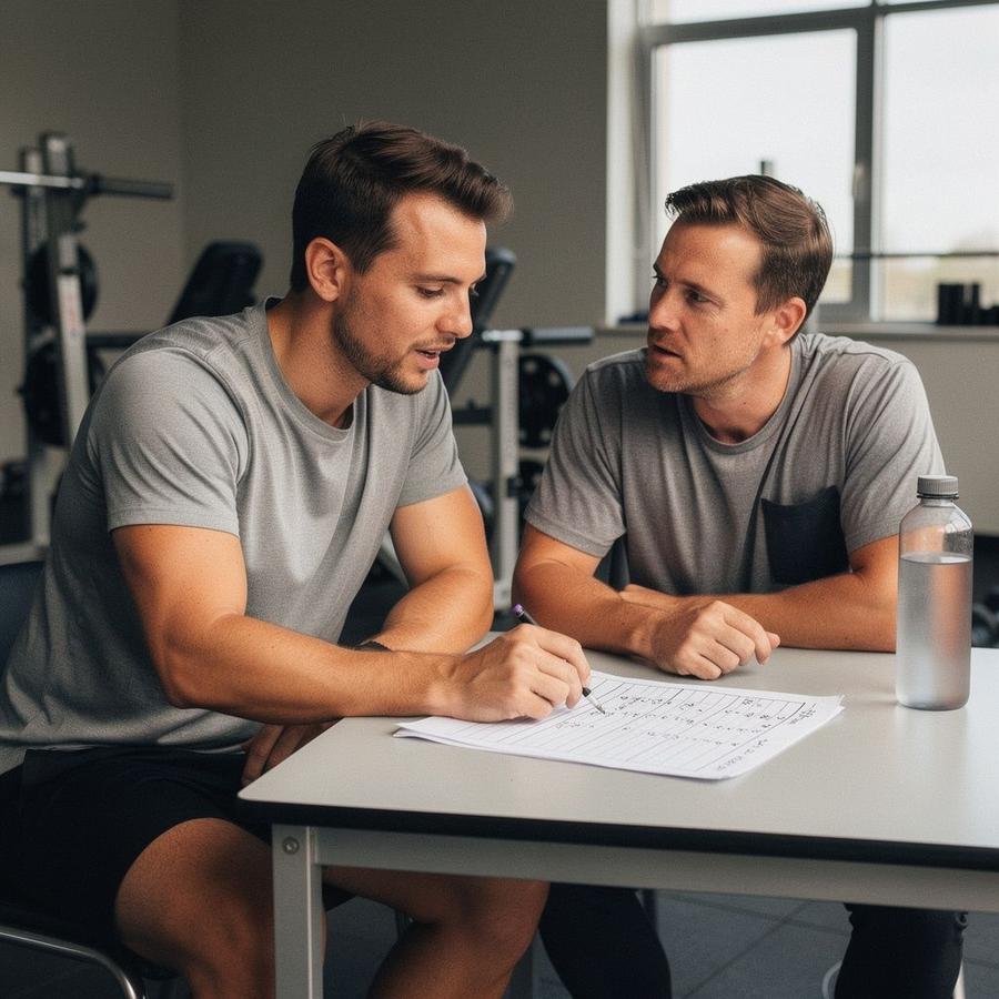 Coach and client reviewing a printed twelve-week training log in a Kyiv studio